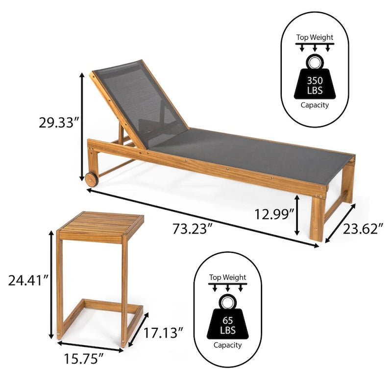 Barclay Coastal Modern Acacia Wood Mesh 3-Position Outdoor Chaise Lounge Set with Side Table, by JONATHAN Y