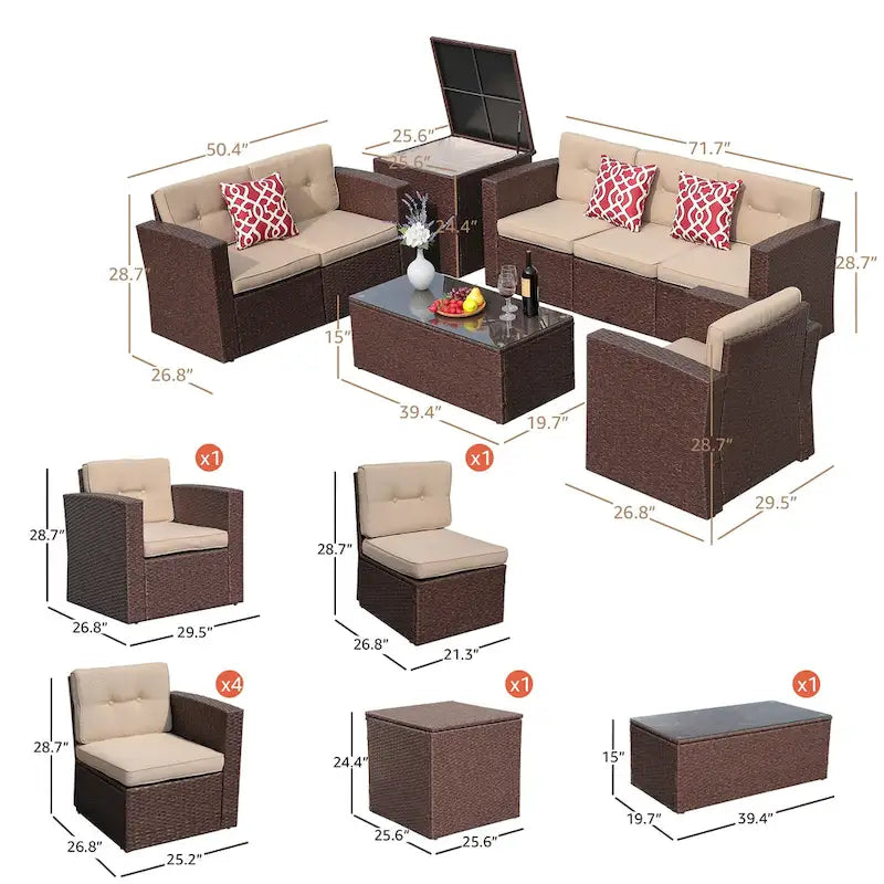 Outdoor 8 Pieces Wicker Sectional Sofa Set w/ Storage Box