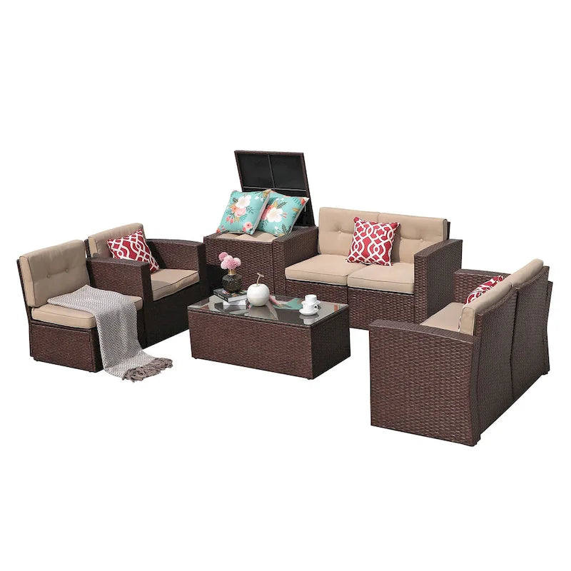 Outdoor 8 Pieces Wicker Sectional Sofa Set w/ Storage Box