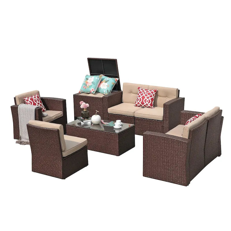 Outdoor 8 Pieces Wicker Sectional Sofa Set w/ Storage Box
