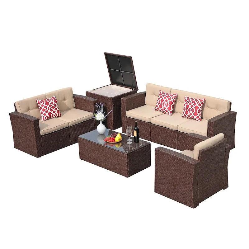 Outdoor 8 Pieces Wicker Sectional Sofa Set w/ Storage Box