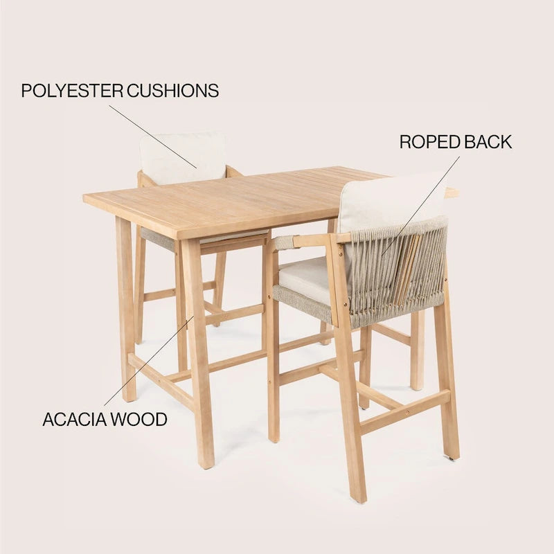 Javea Modern Coastal 3-Piece Acacia Wood Outdoor Bar Set with Cushions, by JONATHAN Y