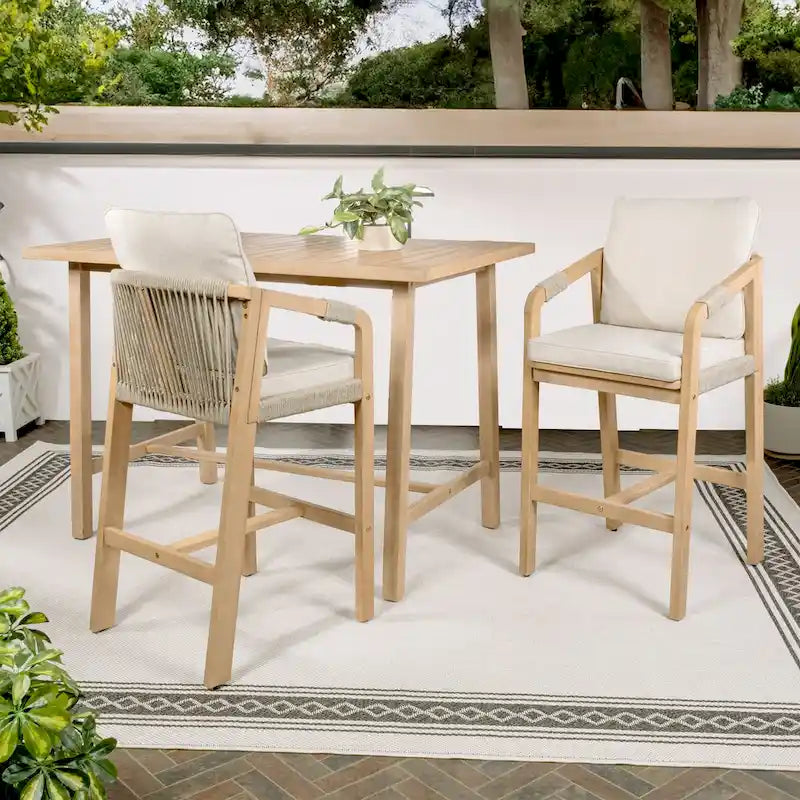 Javea Modern Coastal 3-Piece Acacia Wood Outdoor Bar Set with Cushions, by JONATHAN Y