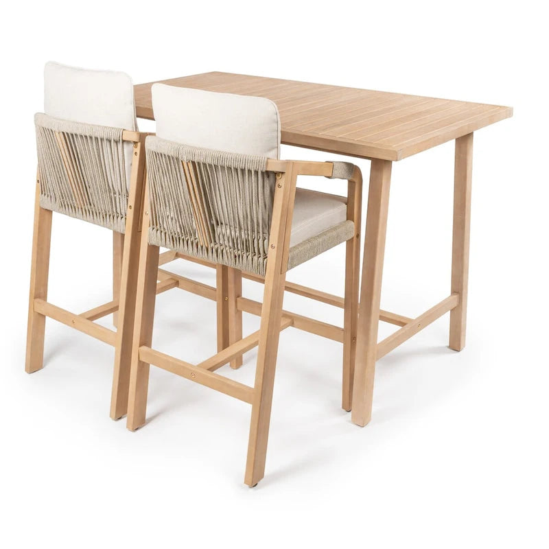 Javea Modern Coastal 3-Piece Acacia Wood Outdoor Bar Set with Cushions, by JONATHAN Y