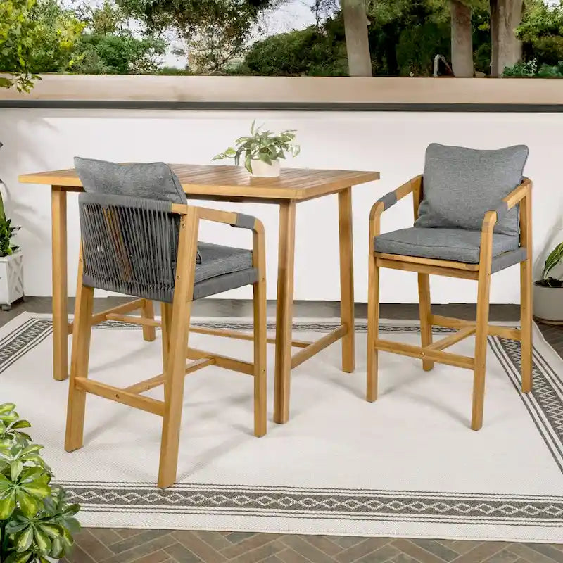 Javea Modern Coastal 3-Piece Acacia Wood Outdoor Bar Set with Cushions, by JONATHAN Y
