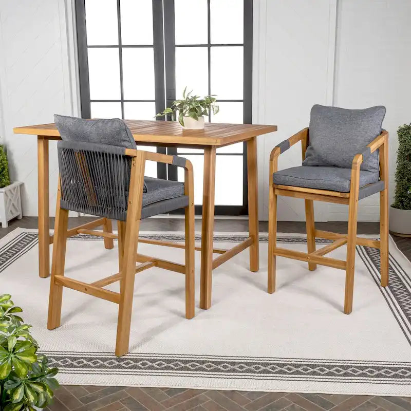Javea Modern Coastal 3-Piece Acacia Wood Outdoor Bar Set with Cushions, by JONATHAN Y