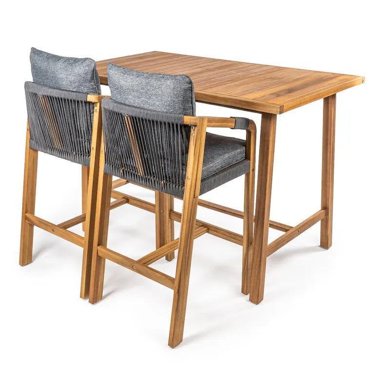 Javea Modern Coastal 3-Piece Acacia Wood Outdoor Bar Set with Cushions, by JONATHAN Y