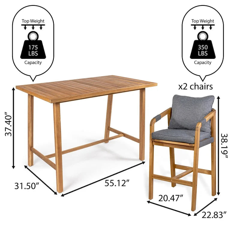 Javea Modern Coastal 3-Piece Acacia Wood Outdoor Bar Set with Cushions, by JONATHAN Y