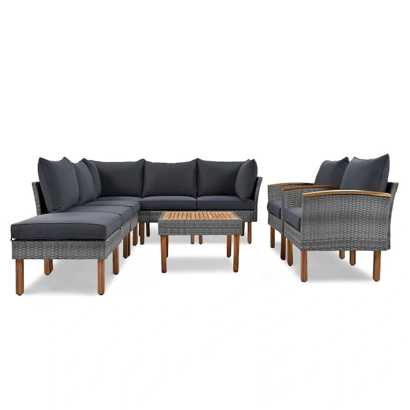 9-Piece Patio Rattan Furniture Set, Outdoor Conversation Set With Acacia Wood Legs and Tabletop