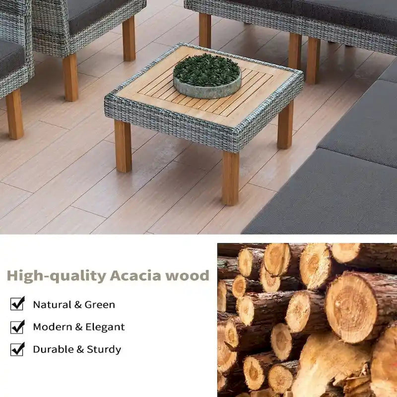 9-Piece Patio Rattan Furniture Set, Outdoor Conversation Set With Acacia Wood Legs and Tabletop