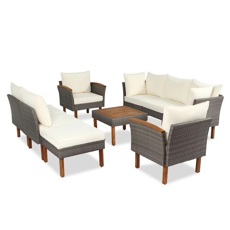 9-Piece Patio Rattan Furniture Set, Outdoor Conversation Set With Acacia Wood Legs and Tabletop