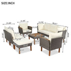9-Piece Patio Rattan Furniture Set, Outdoor Conversation Set With Acacia Wood Legs and Tabletop