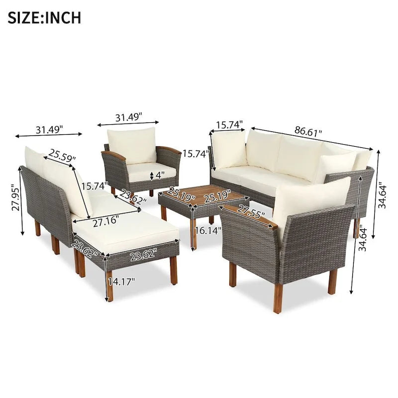 9-Piece Patio Rattan Furniture Set, Outdoor Conversation Set With Acacia Wood Legs and Tabletop
