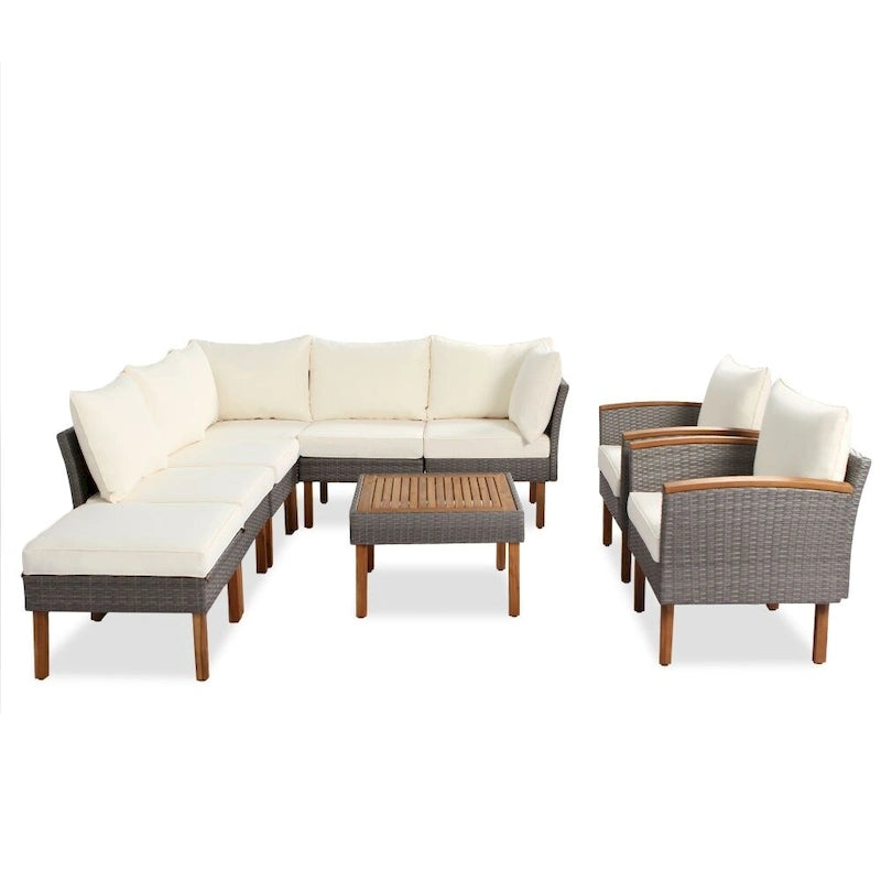 9-Piece Patio Rattan Furniture Set, Outdoor Conversation Set With Acacia Wood Legs and Tabletop