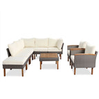 9-Piece Patio Rattan Furniture Set, Outdoor Conversation Set With Acacia Wood Legs and Tabletop