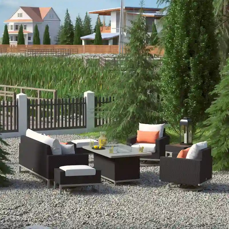 Milo Espresso 7 Piece Sunbrella Outdoor Patio Motion Fire Set