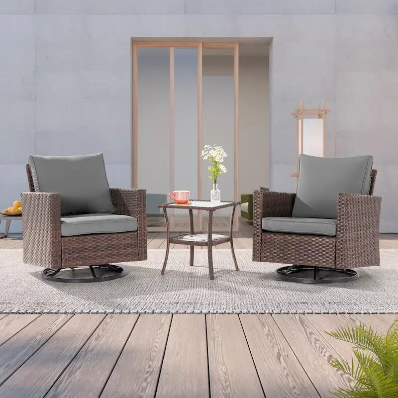 LIVOOSUN 3-Piece Patio Sofa Set Brown Rattan Swivel Rocking Chair Glass Table