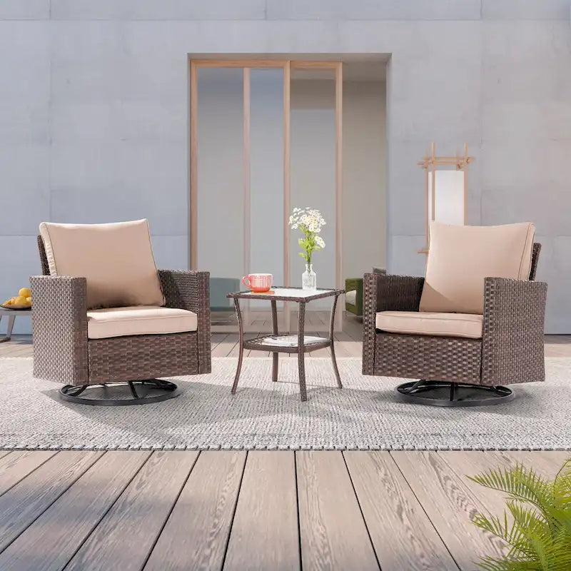 LIVOOSUN 3-Piece Patio Sofa Set Brown Rattan Swivel Rocking Chair Glass Table