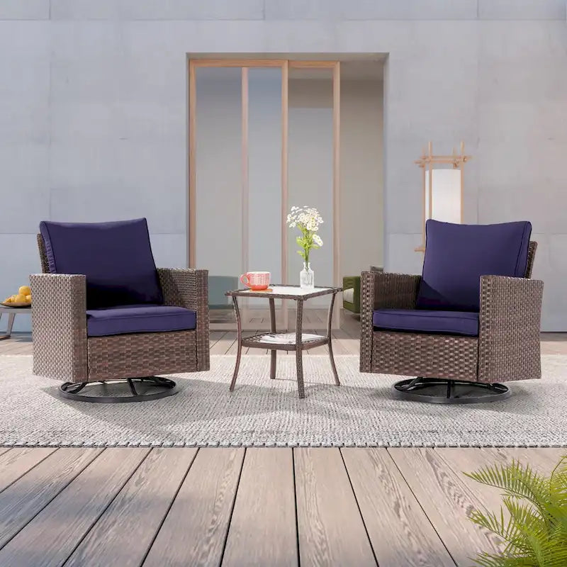 LIVOOSUN 3-Piece Patio Sofa Set Brown Rattan Swivel Rocking Chair Glass Table