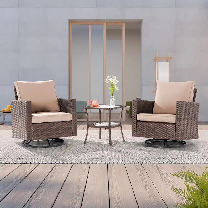 LIVOOSUN 3-Piece Patio Sofa Set Brown Rattan Swivel Rocking Chair Glass Table