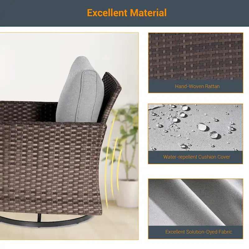 LIVOOSUN 3-Piece Patio Sofa Set Brown Rattan Swivel Rocking Chair Glass Table