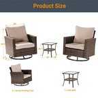 LIVOOSUN 3-Piece Patio Sofa Set Brown Rattan Swivel Rocking Chair Glass Table