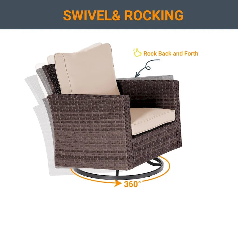 LIVOOSUN 3-Piece Patio Sofa Set Brown Rattan Swivel Rocking Chair Glass Table