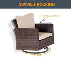 LIVOOSUN 3-Piece Patio Sofa Set Brown Rattan Swivel Rocking Chair Glass Table