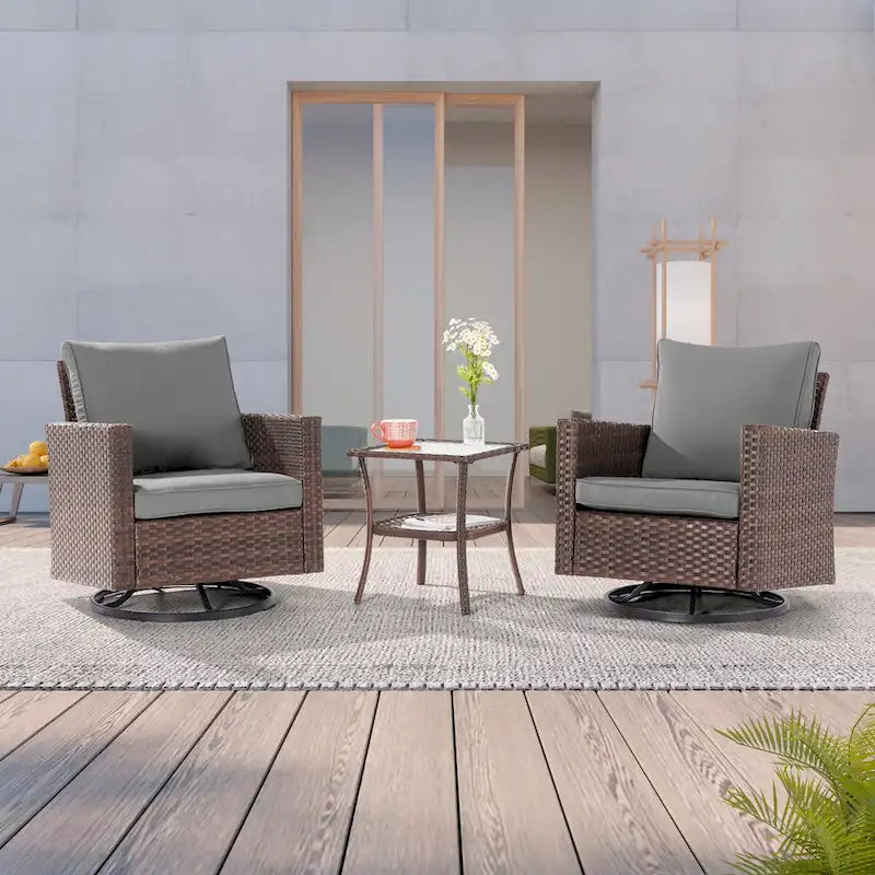 LIVOOSUN 3-Piece Patio Sofa Set Brown Rattan Swivel Rocking Chair Glass Table