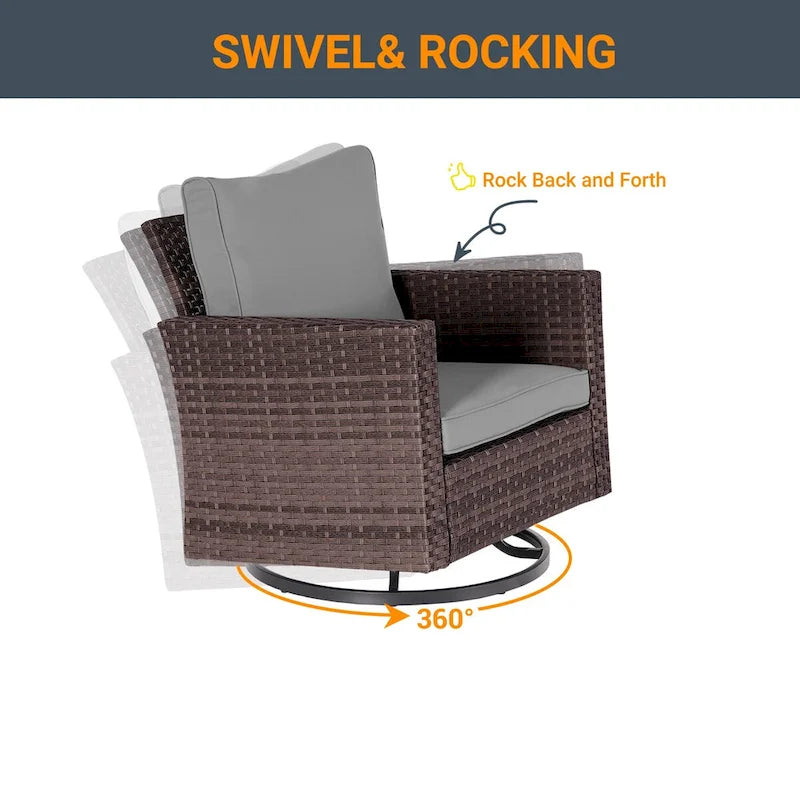 LIVOOSUN 3-Piece Patio Sofa Set Brown Rattan Swivel Rocking Chair Glass Table