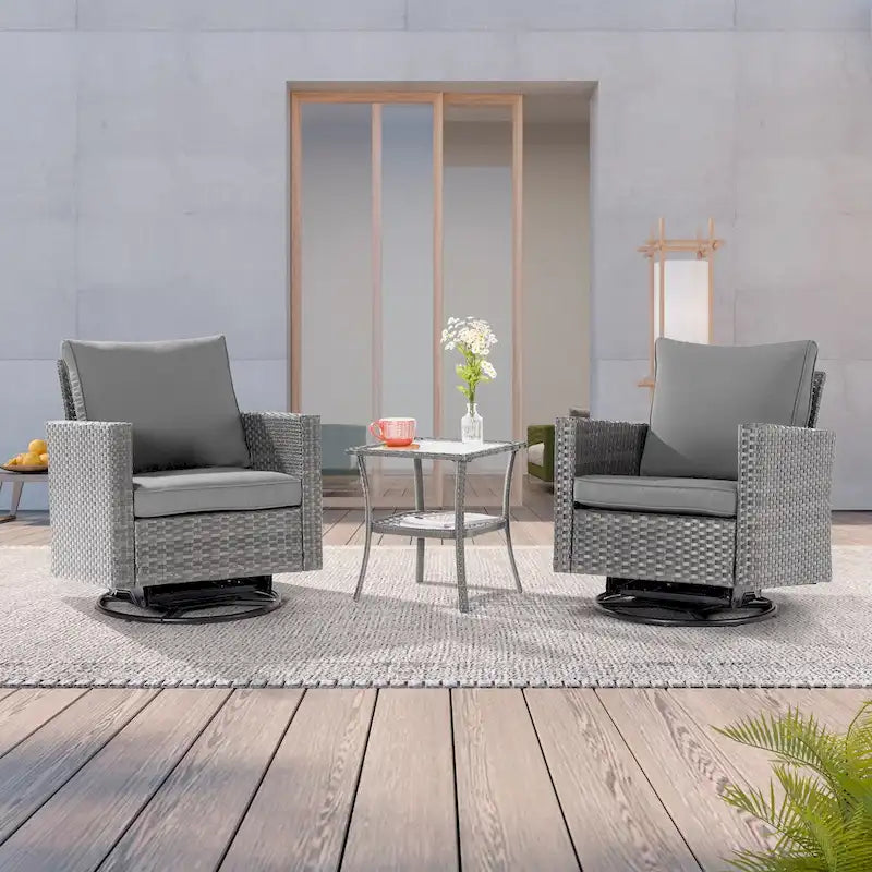 LIVOOSUN 3-Piece Patio Sofa Set Gray Rattan Swivel Rocking Chair Glass Table