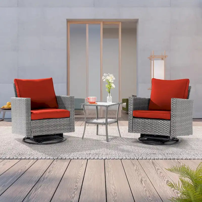 LIVOOSUN 3-Piece Patio Sofa Set Gray Rattan Swivel Rocking Chair Glass Table