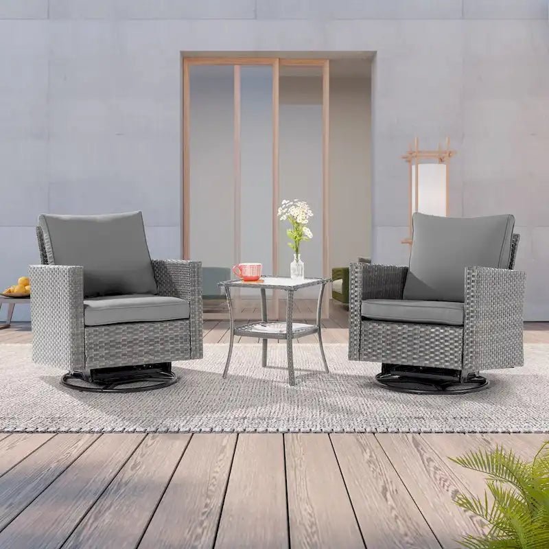 LIVOOSUN 3-Piece Patio Sofa Set Gray Rattan Swivel Rocking Chair Glass Table