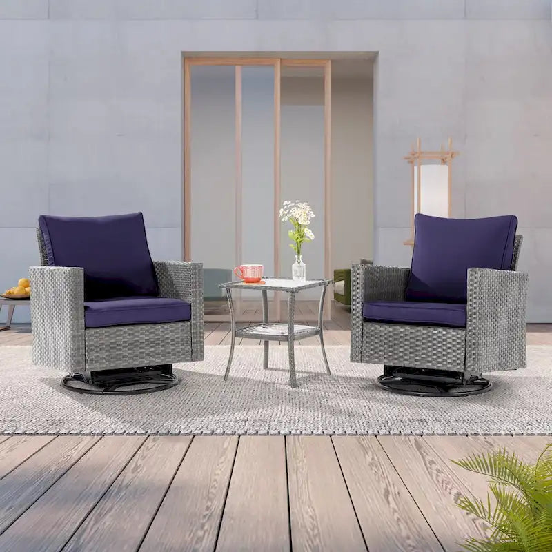 LIVOOSUN 3-Piece Patio Sofa Set Gray Rattan Swivel Rocking Chair Glass Table