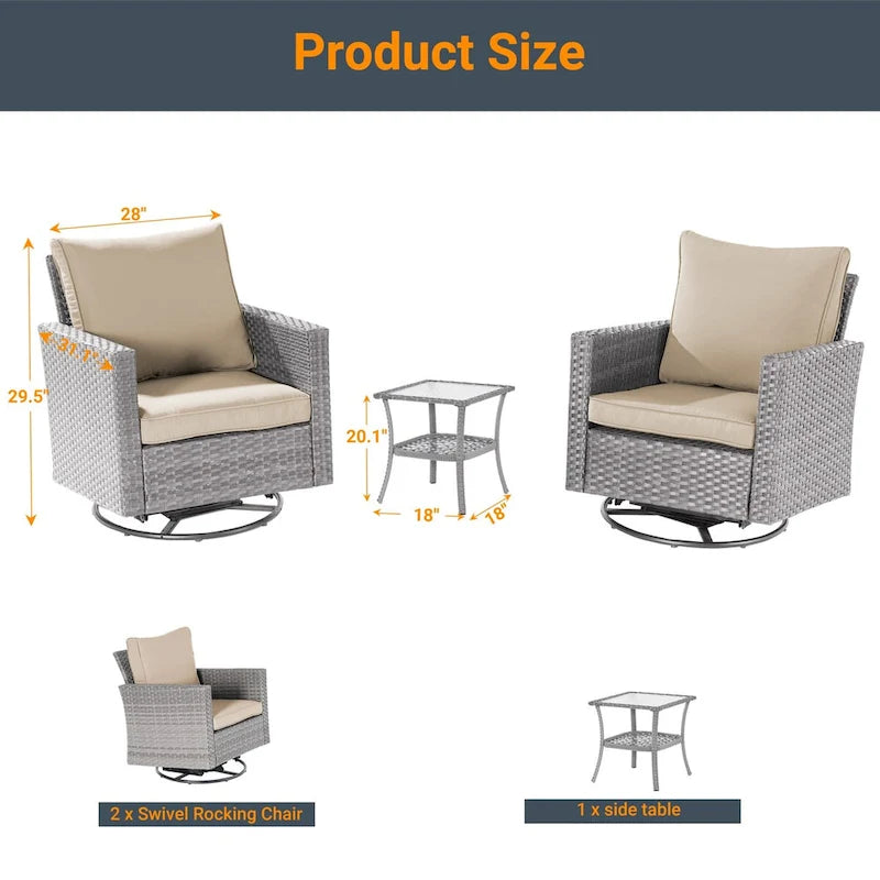 LIVOOSUN 3-Piece Patio Sofa Set Gray Rattan Swivel Rocking Chair Glass Table