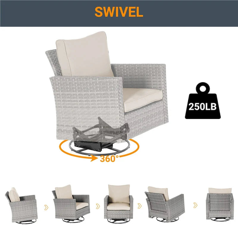 LIVOOSUN 3-Piece Patio Sofa Set Gray Rattan Swivel Rocking Chair Glass Table
