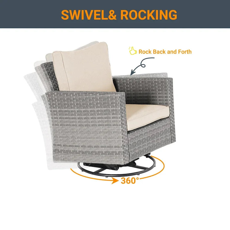 LIVOOSUN 3-Piece Patio Sofa Set Gray Rattan Swivel Rocking Chair Glass Table