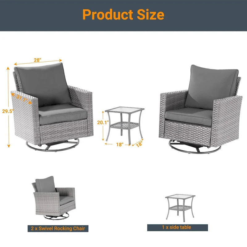 LIVOOSUN 3-Piece Patio Sofa Set Gray Rattan Swivel Rocking Chair Glass Table