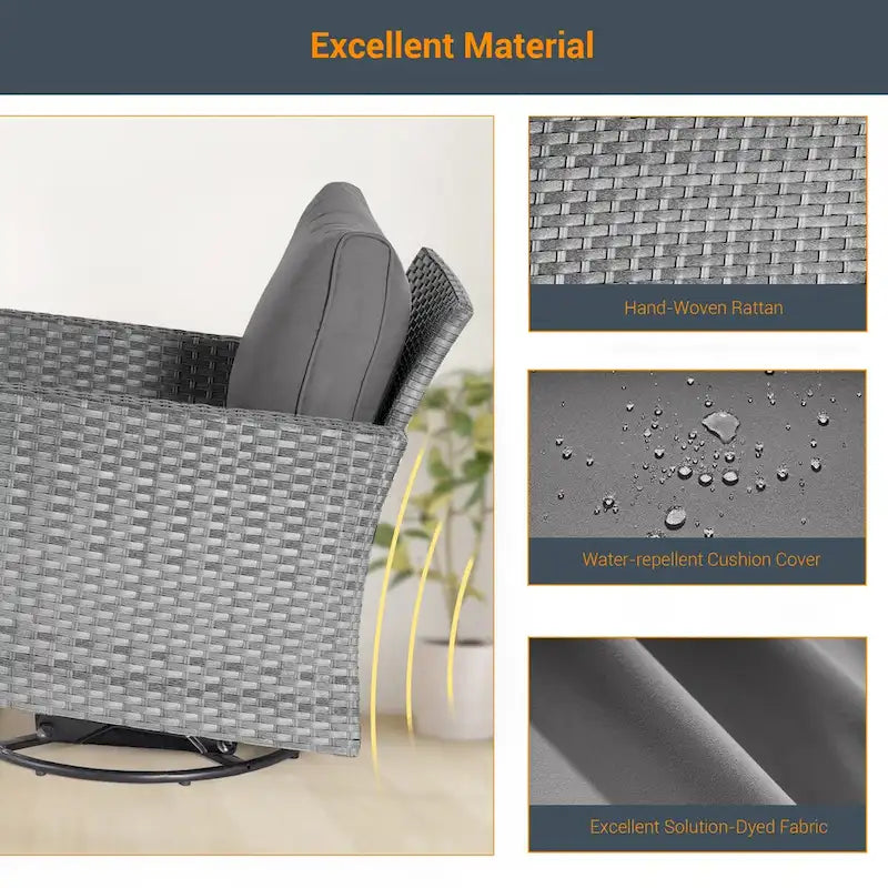LIVOOSUN 3-Piece Patio Sofa Set Gray Rattan Swivel Rocking Chair Glass Table