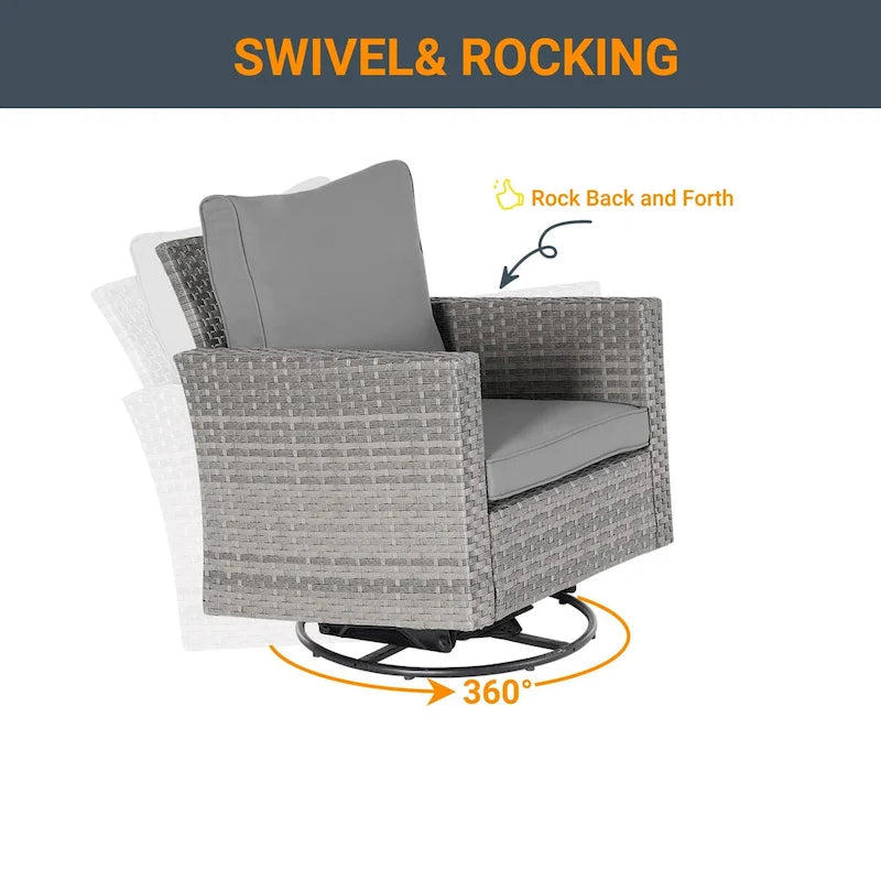 LIVOOSUN 3-Piece Patio Sofa Set Gray Rattan Swivel Rocking Chair Glass Table