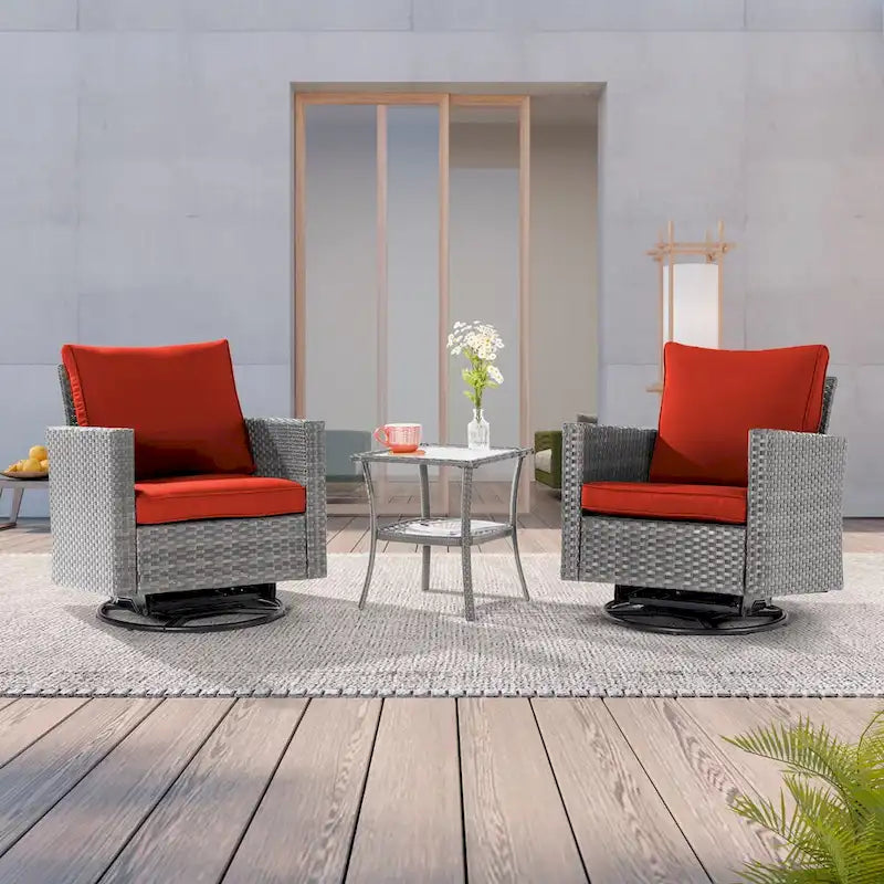 LIVOOSUN 3-Piece Patio Sofa Set Gray Rattan Swivel Rocking Chair Glass Table