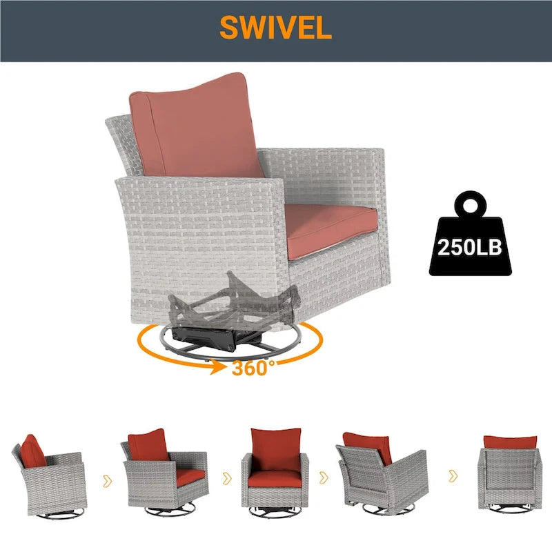 LIVOOSUN 3-Piece Patio Sofa Set Gray Rattan Swivel Rocking Chair Glass Table
