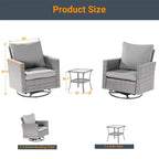 LIVOOSUN 3-Piece Patio Sofa Set Gray Rattan Swivel Rocking Chair Glass Table