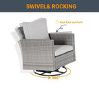 LIVOOSUN 3-Piece Patio Sofa Set Gray Rattan Swivel Rocking Chair Glass Table