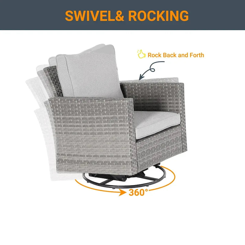 LIVOOSUN 3-Piece Patio Sofa Set Gray Rattan Swivel Rocking Chair Glass Table