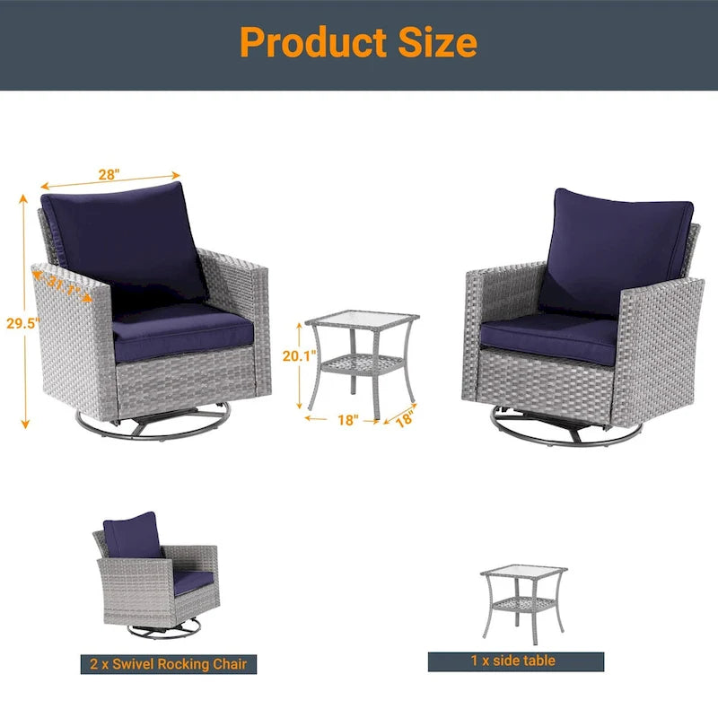 LIVOOSUN 3-Piece Patio Sofa Set Gray Rattan Swivel Rocking Chair Glass Table