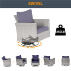 LIVOOSUN 3-Piece Patio Sofa Set Gray Rattan Swivel Rocking Chair Glass Table