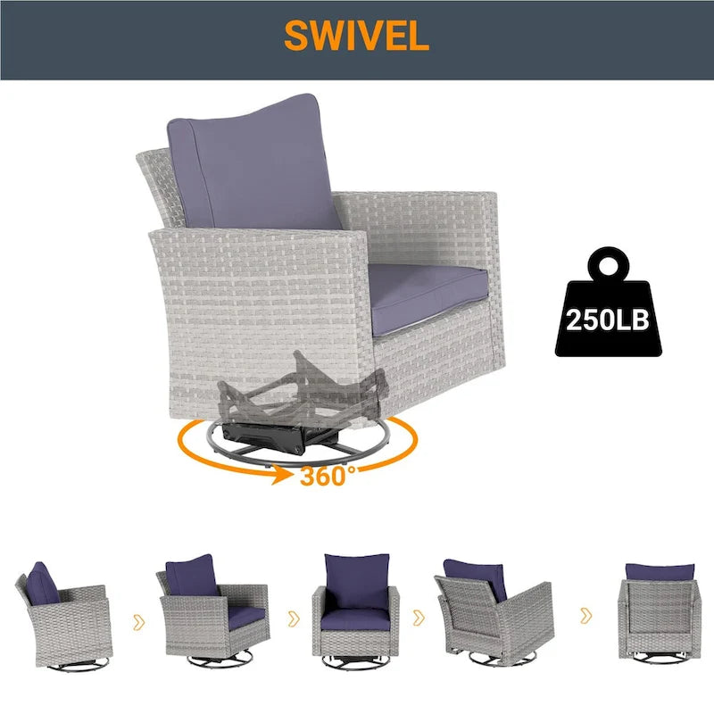 LIVOOSUN 3-Piece Patio Sofa Set Gray Rattan Swivel Rocking Chair Glass Table