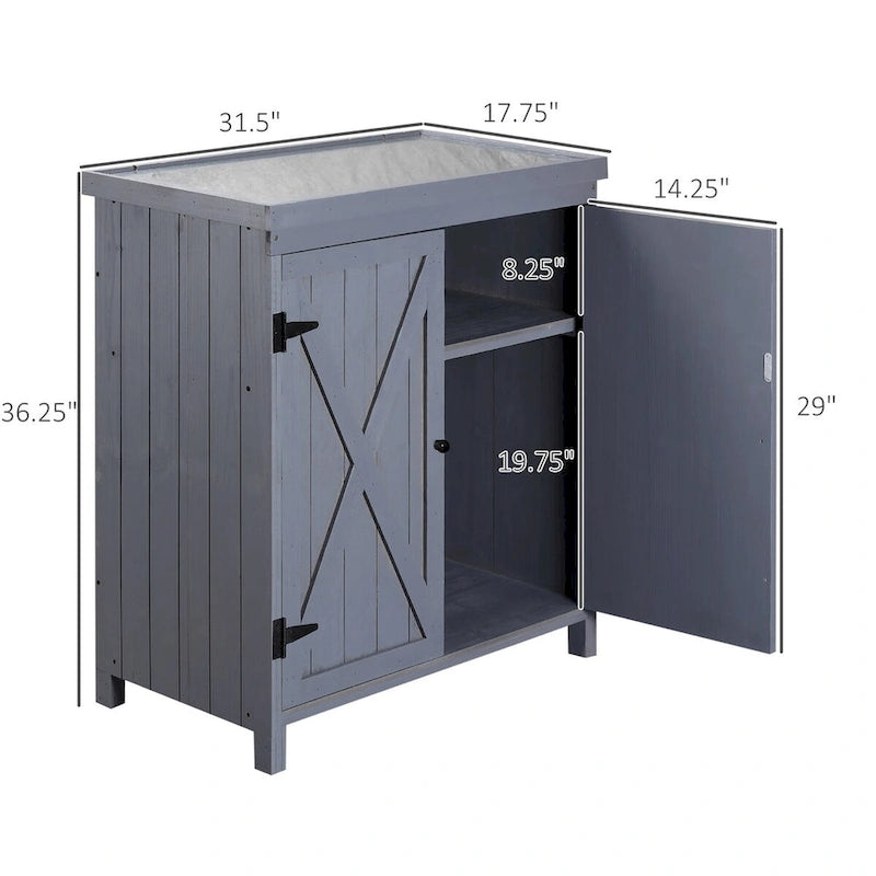 Garden Storage Cabinet, Outdoor Tool Shed with Galvanized Top and Two Shelves for Yard Tools or Pool Accessories