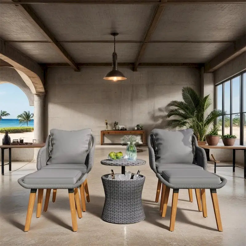 5 Pieces Patio Conversation Set with Wicker Cool Bar Table, Ottomans